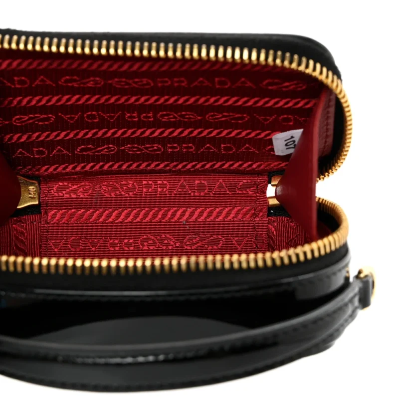 PRADA MINI METAL TRIANGLE LOGO POUCH WITH HANDLE BLACK VERNICE LEATHER GOLD HARDWARE - Image 7