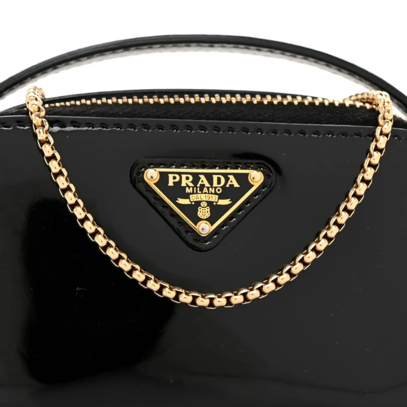 PRADA MINI METAL TRIANGLE LOGO POUCH WITH HANDLE BLACK VERNICE LEATHER GOLD HARDWARE - Image 8