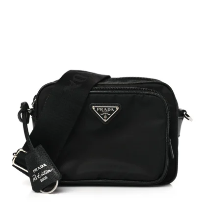 PRADA MEDIUM BRIQUE CROSSBODY MESSENGER BAG BLACK TESSUTO & SAFFIANO LEATHER SILVER HARDWARE