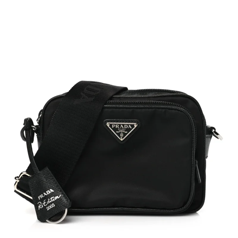 PRADA MEDIUM BRIQUE CROSSBODY MESSENGER BAG BLACK TESSUTO & SAFFIANO LEATHER SILVER HARDWARE