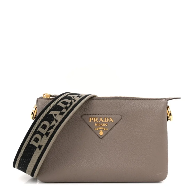 PRADA MINI SOFT ZIPPERED SHOULDER BAG CLAY GREY VITELLO DAINO LEATHER GOLD HARDWARE
