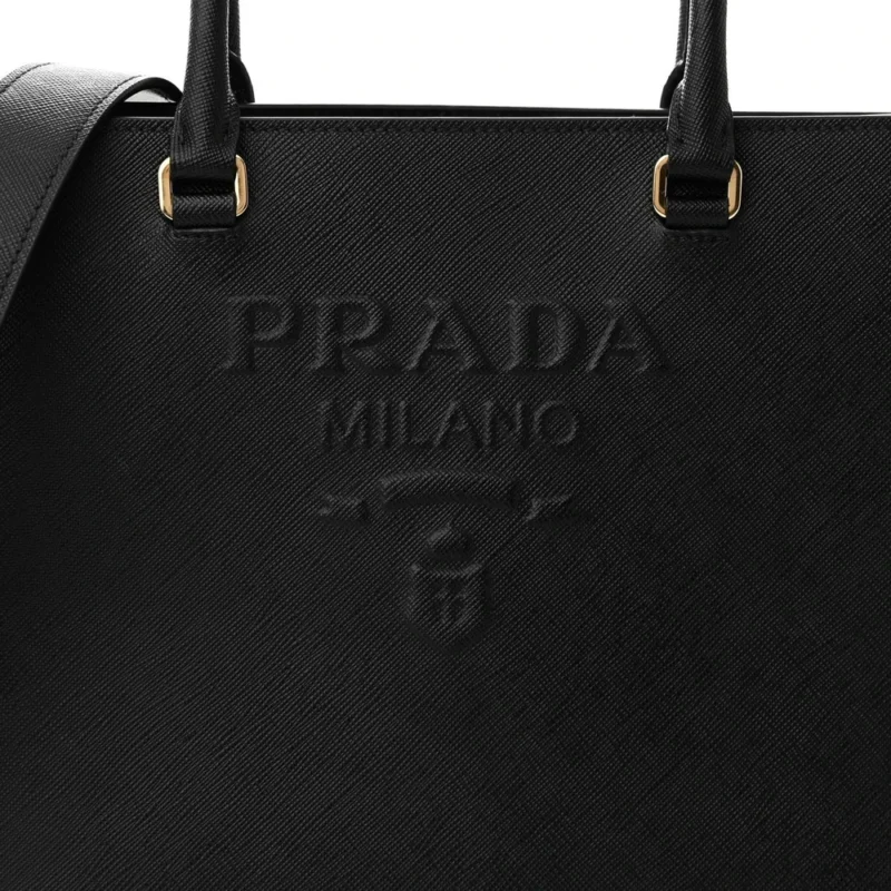 PRADA MEDIUM LUX LOGO EMBOSSED SHOULDER TOTE HANDBAG BLACK SAFFIANO LEATHER - Image 9