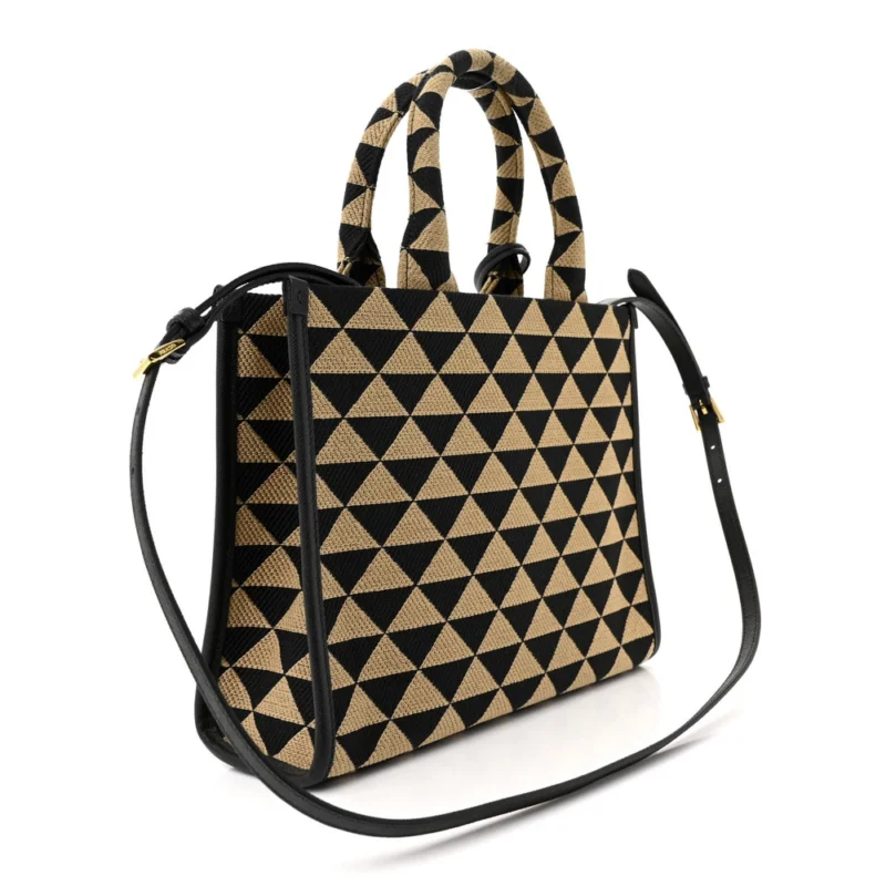 PRADA SMALL TRIANGOLO SYMBOLE EMBROIDERED TOTE BLACK AND CORDA JACQUARD SAFFIANO LEATHER GOLD HARDWARE - Image 3