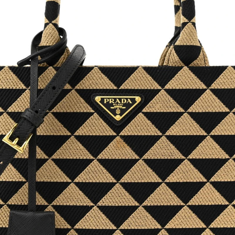PRADA SMALL TRIANGOLO SYMBOLE EMBROIDERED TOTE BLACK AND CORDA JACQUARD SAFFIANO LEATHER GOLD HARDWARE - Image 8