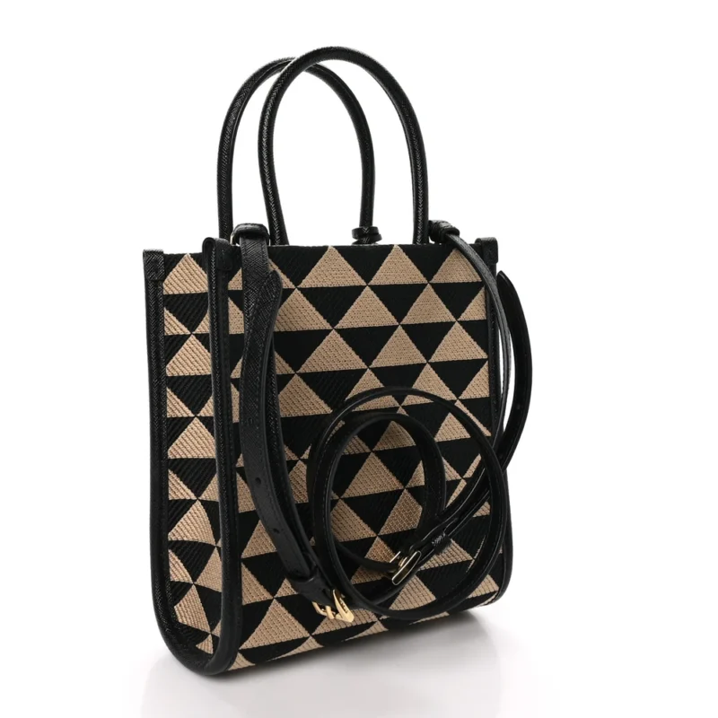 PRADA MINI TRIANGOLO SYMBOLE EMBROIDERED TOTE BAG BLACK/CORDA JACQUARD SAFFIANO LEATHER GOLD HARDWARE - Image 3