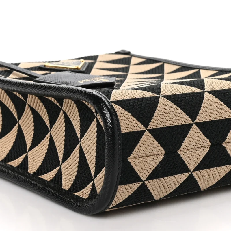 PRADA MINI TRIANGOLO SYMBOLE EMBROIDERED TOTE BAG BLACK/CORDA JACQUARD SAFFIANO LEATHER GOLD HARDWARE - Image 4