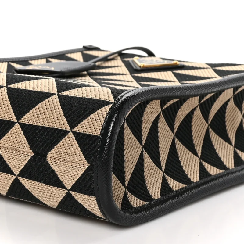 PRADA MINI TRIANGOLO SYMBOLE EMBROIDERED TOTE BAG BLACK/CORDA JACQUARD SAFFIANO LEATHER GOLD HARDWARE - Image 5