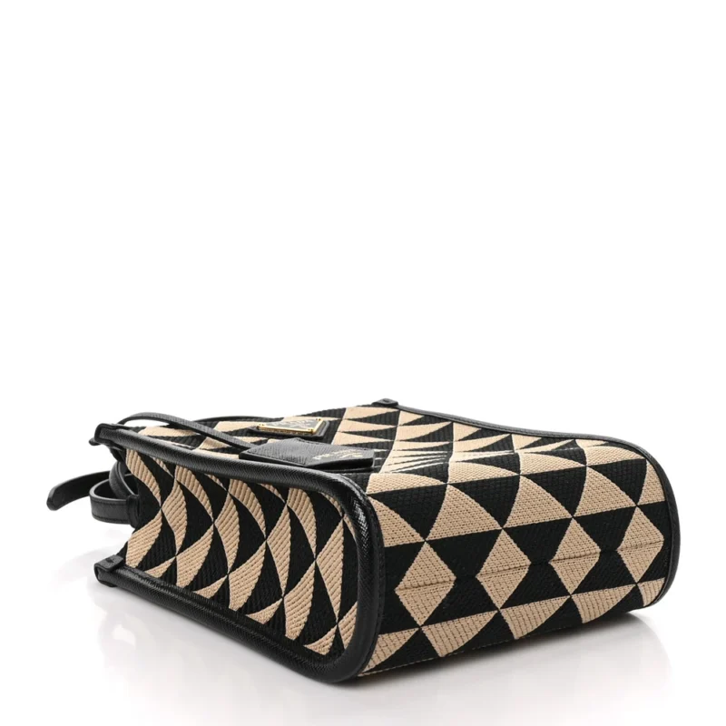 PRADA MINI TRIANGOLO SYMBOLE EMBROIDERED TOTE BAG BLACK/CORDA JACQUARD SAFFIANO LEATHER GOLD HARDWARE - Image 6