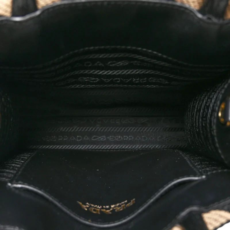 PRADA MINI TRIANGOLO SYMBOLE EMBROIDERED TOTE BAG BLACK/CORDA JACQUARD SAFFIANO LEATHER GOLD HARDWARE - Image 7
