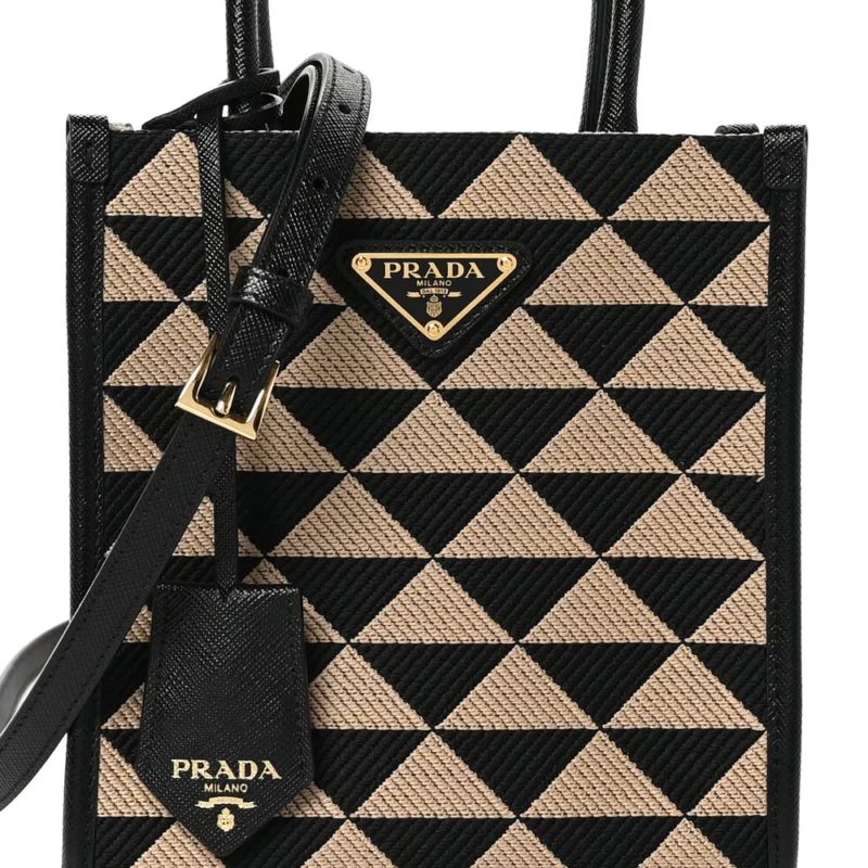 PRADA MINI TRIANGOLO SYMBOLE EMBROIDERED TOTE BAG BLACK/CORDA JACQUARD SAFFIANO LEATHER GOLD HARDWARE - Image 8
