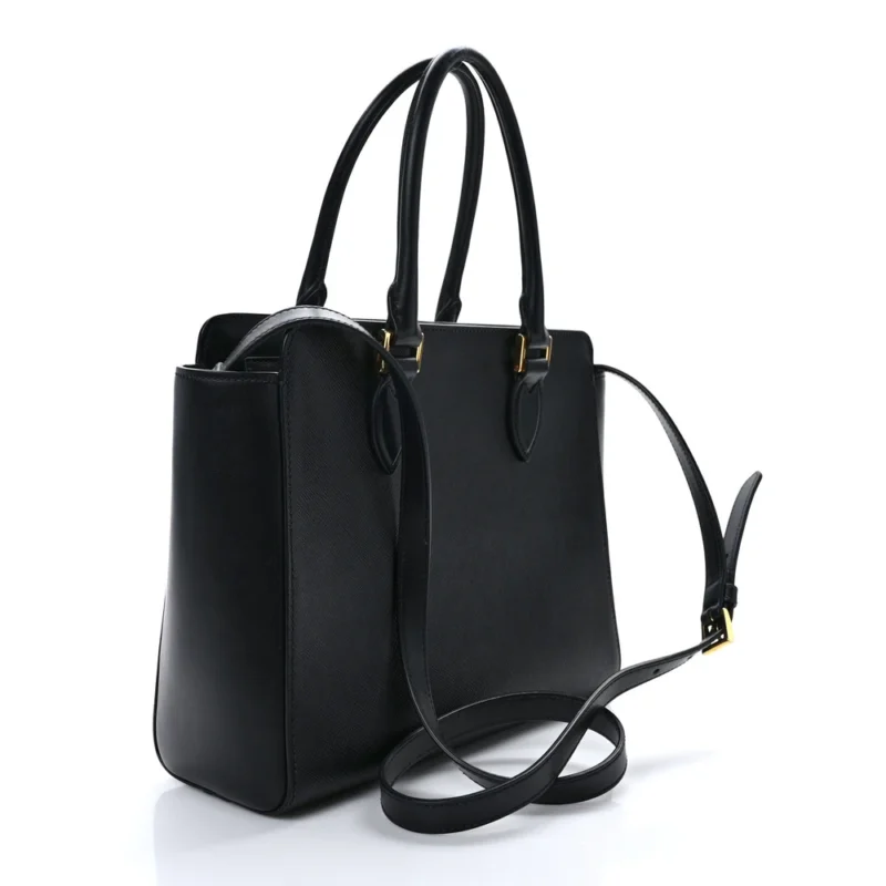 PRADA SMALL ZIPPERED TOTE BAG BLACK SAFFIANO SOFT CALFSKIN LEATHER GOLD HARDWARE - Image 3