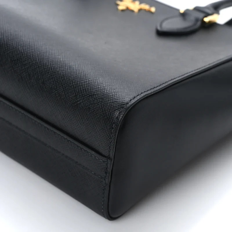 PRADA SMALL ZIPPERED TOTE BAG BLACK SAFFIANO SOFT CALFSKIN LEATHER GOLD HARDWARE - Image 5