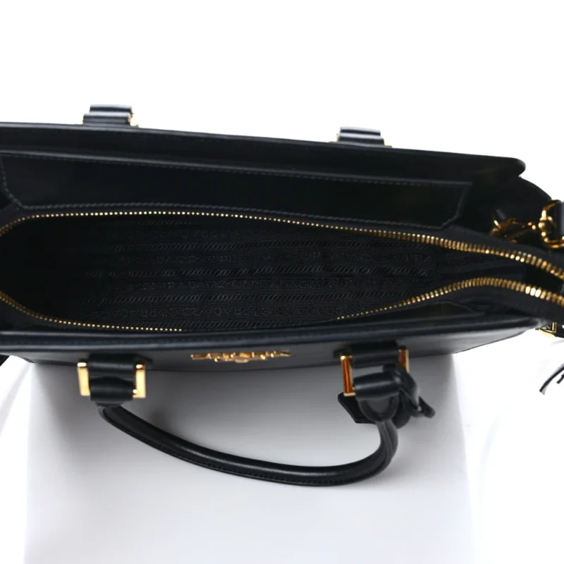 PRADA SMALL ZIPPERED TOTE BAG BLACK SAFFIANO SOFT CALFSKIN LEATHER GOLD HARDWARE - Image 7