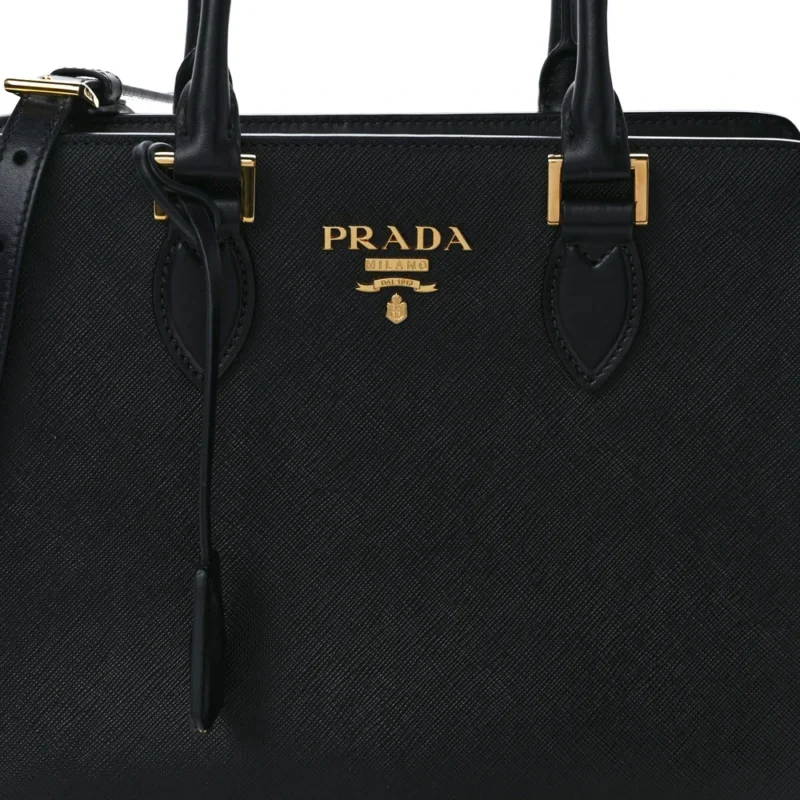 PRADA SMALL ZIPPERED TOTE BAG BLACK SAFFIANO SOFT CALFSKIN LEATHER GOLD HARDWARE - Image 8