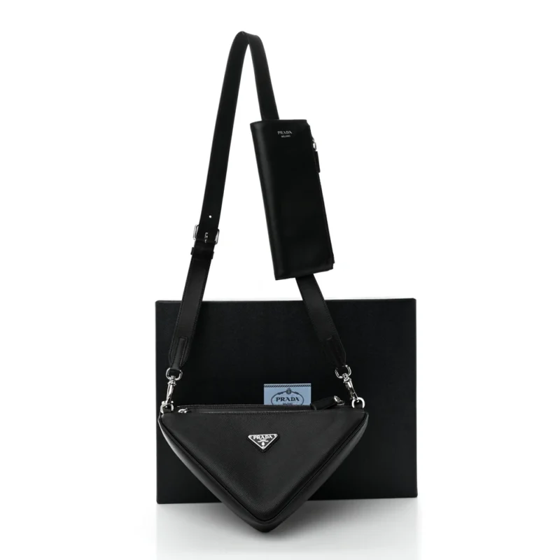 PRADA MEDIUM DOUBLE TRIANGLE SHOULDER BAG BLACK VITELLO SAFFIANO CUIR LEATHER SILVER HARDWARE - Image 2