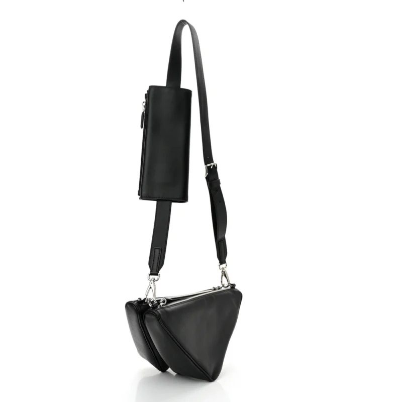 PRADA MEDIUM DOUBLE TRIANGLE SHOULDER BAG BLACK VITELLO SAFFIANO CUIR LEATHER SILVER HARDWARE - Image 4