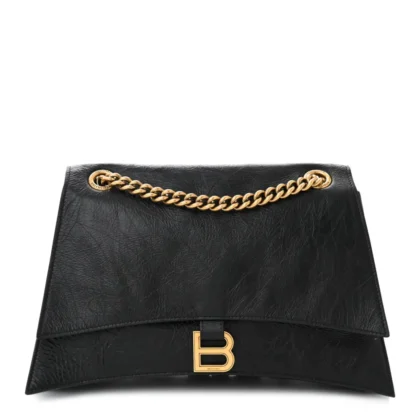 BALENCIAGA MEDIUM CRUSH CHAIN BAG BLACK CRUSHED CALFSKIN LEATHER GOLD HARDWARE