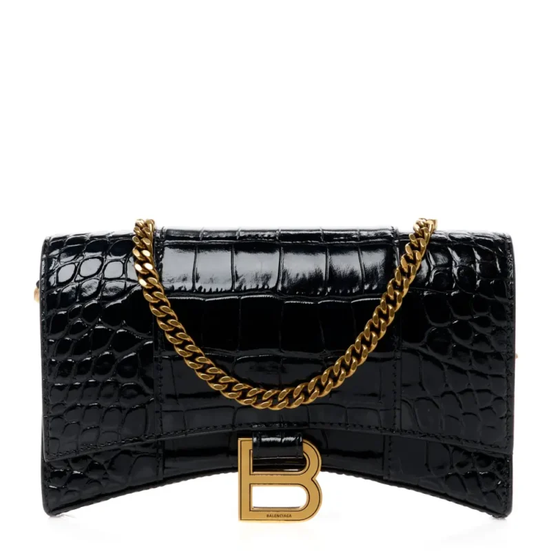 BALENCIAGA XS HOURGLASS CHAIN BAG BLACK CROCODILE EMBOSSED SHINY CALFSKIN LEATHER GOLD HARDWARE