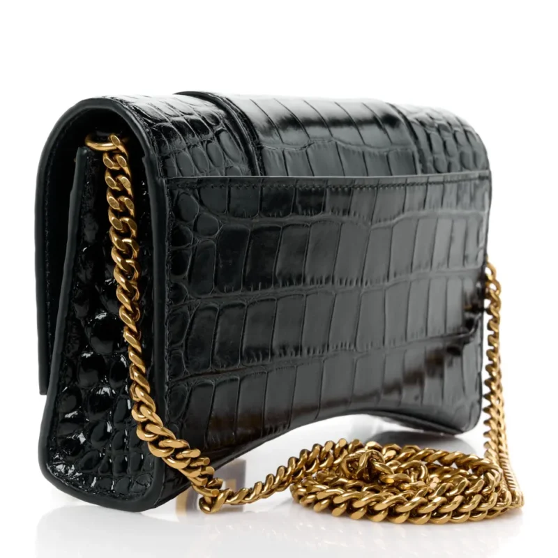 BALENCIAGA XS HOURGLASS CHAIN BAG BLACK CROCODILE EMBOSSED SHINY CALFSKIN LEATHER GOLD HARDWARE - Image 3