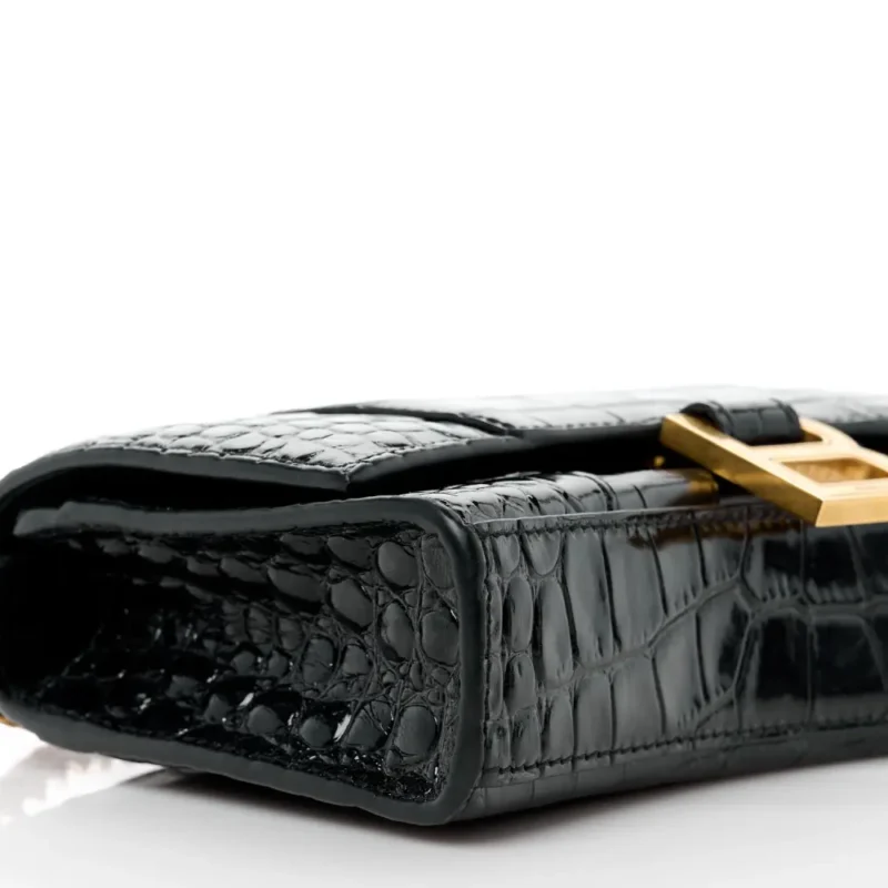 BALENCIAGA XS HOURGLASS CHAIN BAG BLACK CROCODILE EMBOSSED SHINY CALFSKIN LEATHER GOLD HARDWARE - Image 4