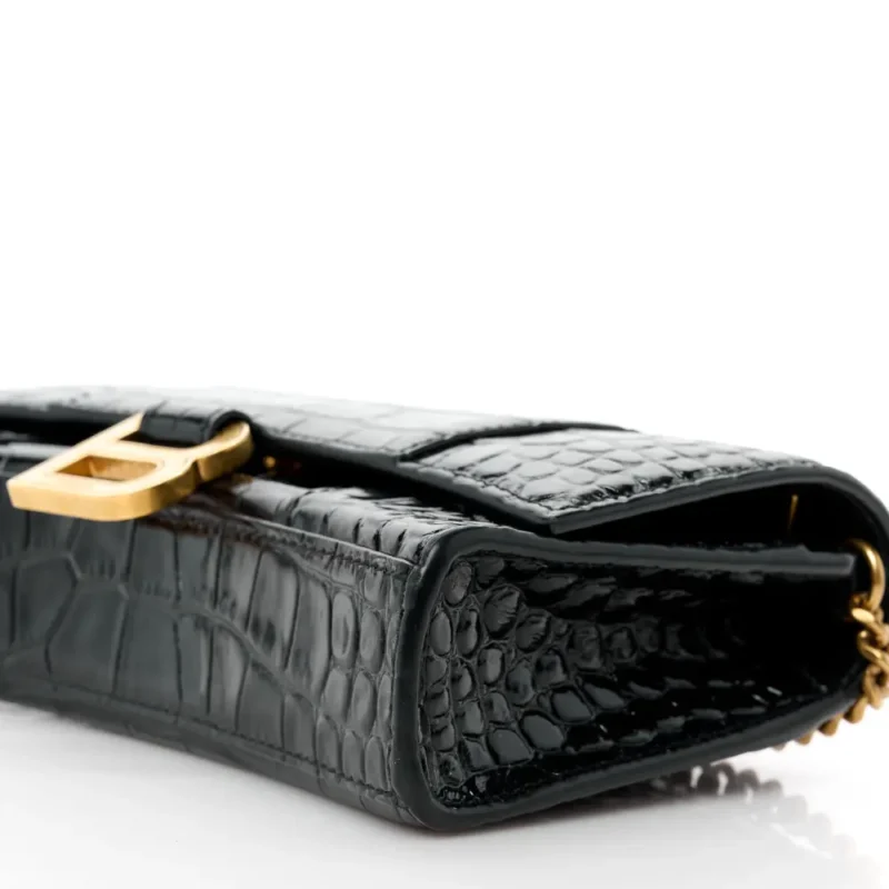 BALENCIAGA XS HOURGLASS CHAIN BAG BLACK CROCODILE EMBOSSED SHINY CALFSKIN LEATHER GOLD HARDWARE - Image 5