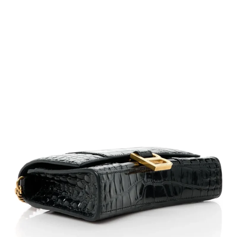 BALENCIAGA XS HOURGLASS CHAIN BAG BLACK CROCODILE EMBOSSED SHINY CALFSKIN LEATHER GOLD HARDWARE - Image 6
