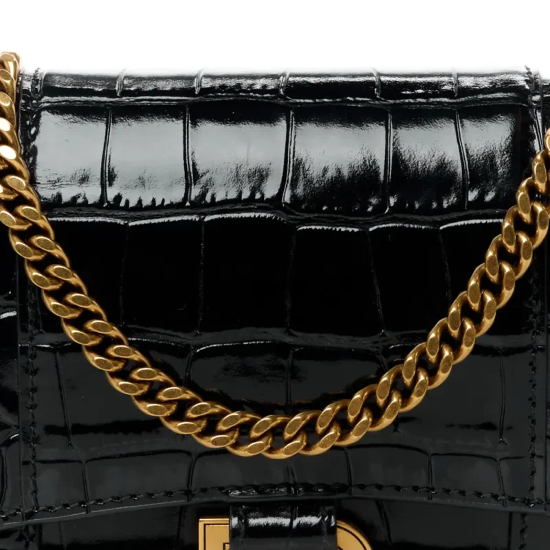 BALENCIAGA XS HOURGLASS CHAIN BAG BLACK CROCODILE EMBOSSED SHINY CALFSKIN LEATHER GOLD HARDWARE - Image 8