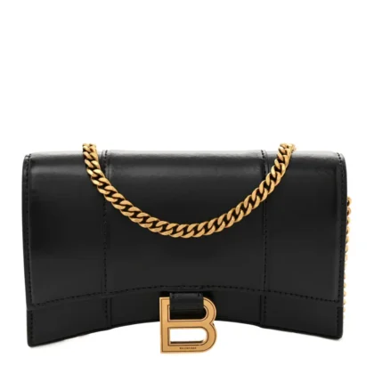 BALENCIAGA XS HOURGLASS CHAIN BAG BLACK SHINY BOX CALFSKIN LEATHER GOLD HARDWARE