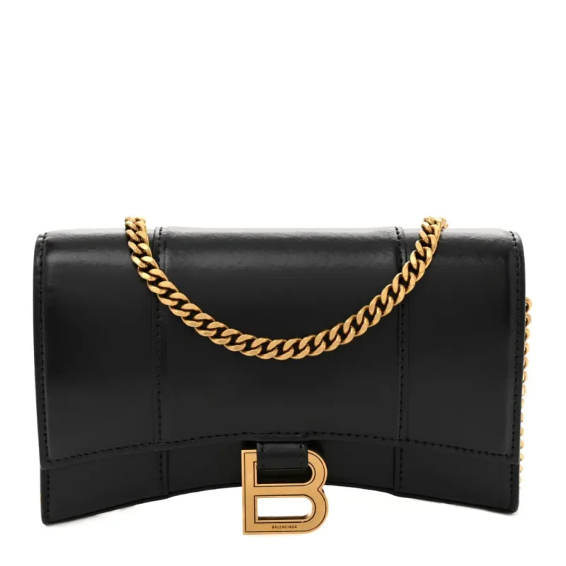 BALENCIAGA XS HOURGLASS CHAIN BAG BLACK SHINY BOX CALFSKIN LEATHER GOLD HARDWARE