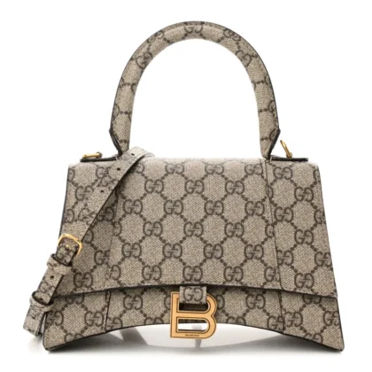 BALENCIAGA SMALL HOURGLASS TOP HANDLE BAG BEIGE/EBONY GG SUPREME MONOGRAM X GUCCI GOLD HARDWARE