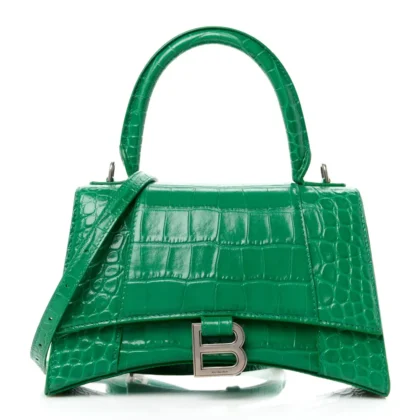 BALENCIAGA SMALL HOURGLASS TOP HANDLE BAG LEAF GREEN CROCODILE EMBOSSED SHINY CALFSKIN LEATHER SILVER HARDWARE