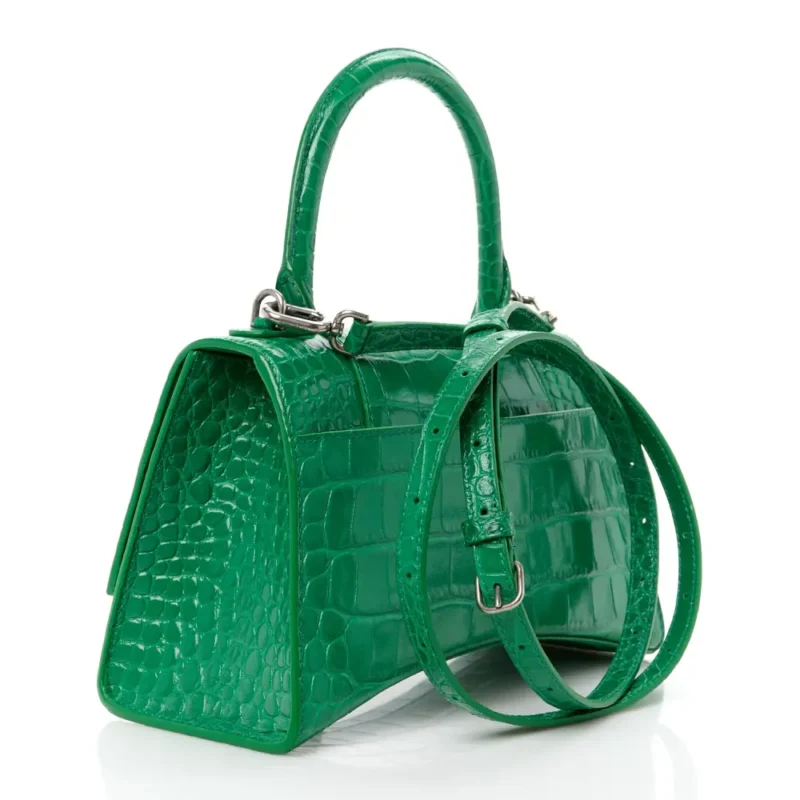 BALENCIAGA SMALL HOURGLASS TOP HANDLE BAG LEAF GREEN CROCODILE EMBOSSED SHINY CALFSKIN LEATHER SILVER HARDWARE - Image 3
