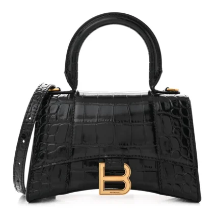 BALENCIAGA XS HOURGLASS TOP HANDLE BAG BLACK CROCODILE EMBOSSED SHINY CALFSKIN LEATHER GOLD HARDWARE