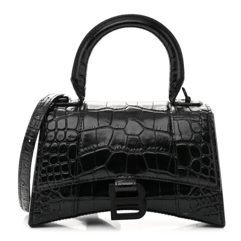 BALENCIAGA XS HOURGLASS TOP HANDLE BAG BLACK MONOCHROME CROCODILE EMBOSSED SHINY CALFSKIN LEATHER BLACK HARDWARE