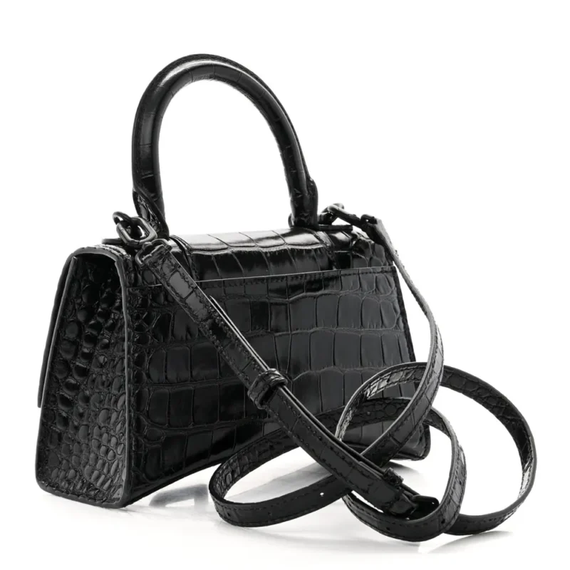 BALENCIAGA XS HOURGLASS TOP HANDLE BAG BLACK MONOCHROME CROCODILE EMBOSSED SHINY CALFSKIN LEATHER BLACK HARDWARE - Image 3