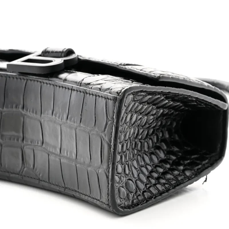 BALENCIAGA XS HOURGLASS TOP HANDLE BAG BLACK MONOCHROME CROCODILE EMBOSSED SHINY CALFSKIN LEATHER BLACK HARDWARE - Image 4