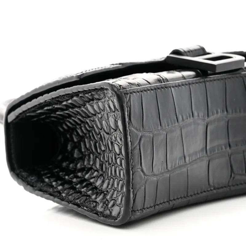 BALENCIAGA XS HOURGLASS TOP HANDLE BAG BLACK MONOCHROME CROCODILE EMBOSSED SHINY CALFSKIN LEATHER BLACK HARDWARE - Image 5