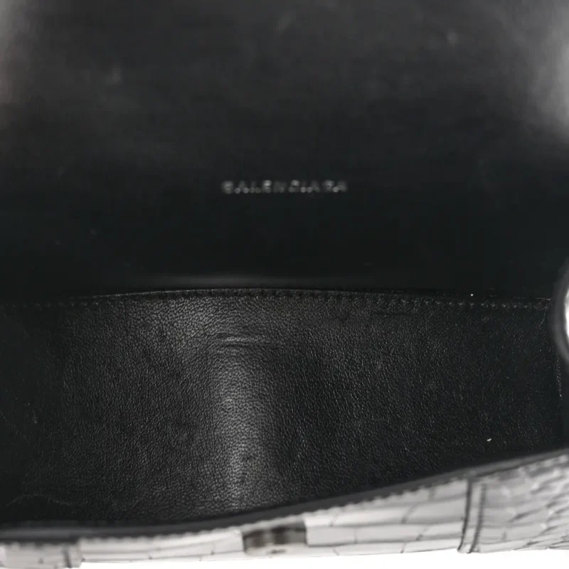 BALENCIAGA XS HOURGLASS TOP HANDLE BAG BLACK MONOCHROME CROCODILE EMBOSSED SHINY CALFSKIN LEATHER BLACK HARDWARE - Image 7