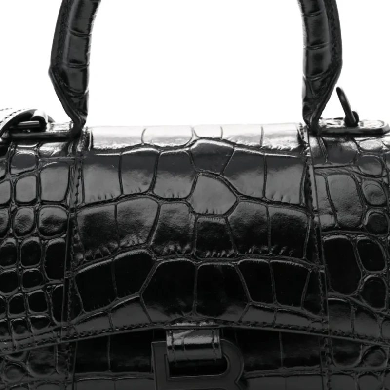 BALENCIAGA XS HOURGLASS TOP HANDLE BAG BLACK MONOCHROME CROCODILE EMBOSSED SHINY CALFSKIN LEATHER BLACK HARDWARE - Image 8