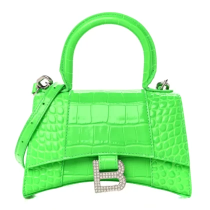 BALENCIAGA XS HOURGLASS TOP HANDLE BAG FLUO GREEN STRASS CROCODILE EMBOSSED SHINY CALFSKIN LEATHER SILVER HARDWARE