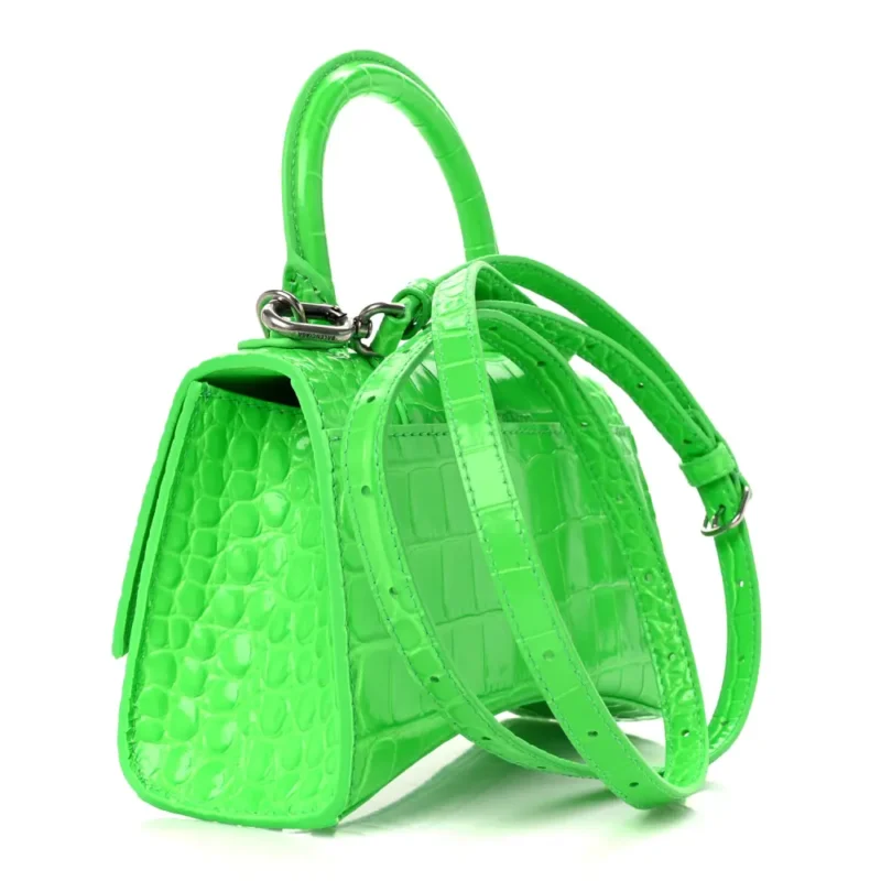 BALENCIAGA XS HOURGLASS TOP HANDLE BAG FLUO GREEN STRASS CROCODILE EMBOSSED SHINY CALFSKIN LEATHER SILVER HARDWARE - Image 3