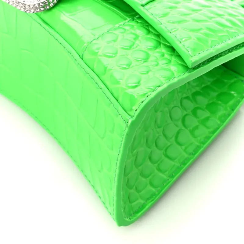 BALENCIAGA XS HOURGLASS TOP HANDLE BAG FLUO GREEN STRASS CROCODILE EMBOSSED SHINY CALFSKIN LEATHER SILVER HARDWARE - Image 4