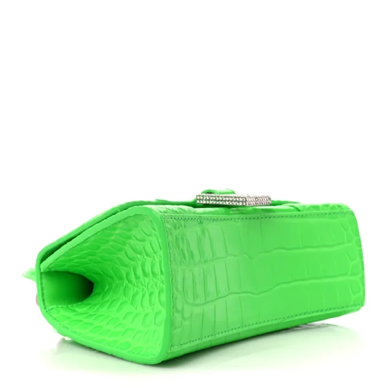 BALENCIAGA XS HOURGLASS TOP HANDLE BAG FLUO GREEN STRASS CROCODILE EMBOSSED SHINY CALFSKIN LEATHER SILVER HARDWARE - Image 6