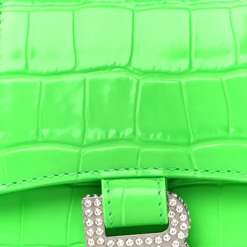BALENCIAGA XS HOURGLASS TOP HANDLE BAG FLUO GREEN STRASS CROCODILE EMBOSSED SHINY CALFSKIN LEATHER SILVER HARDWARE - Image 9