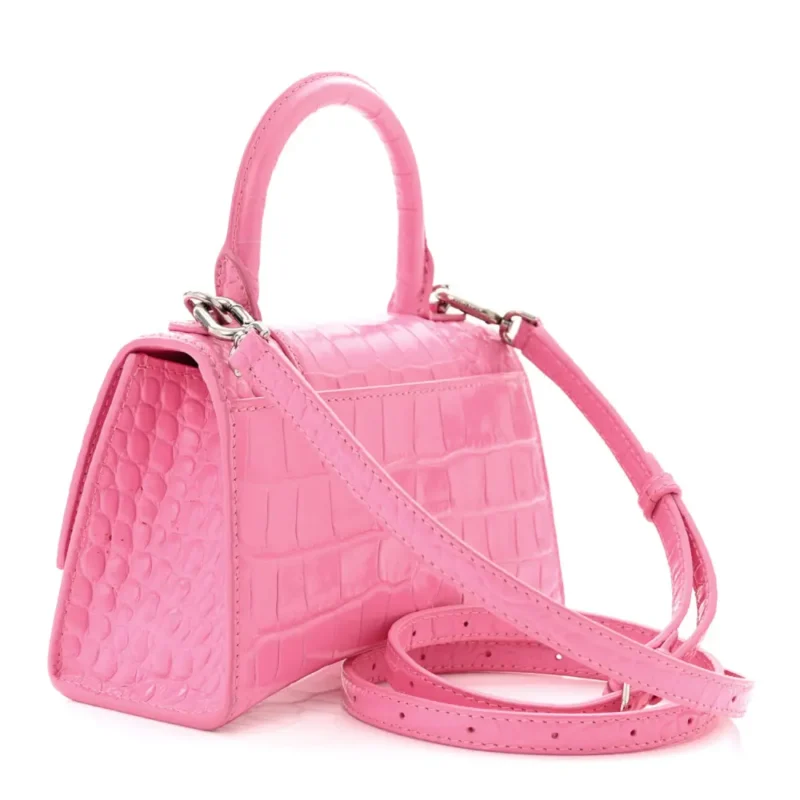 BALENCIAGA XS HOURGLASS TOP HANDLE BAG BABY PINK CROCODILE EMBOSSED SHINY CALFSKIN LEATHER SILVER HARDWARE - Image 3