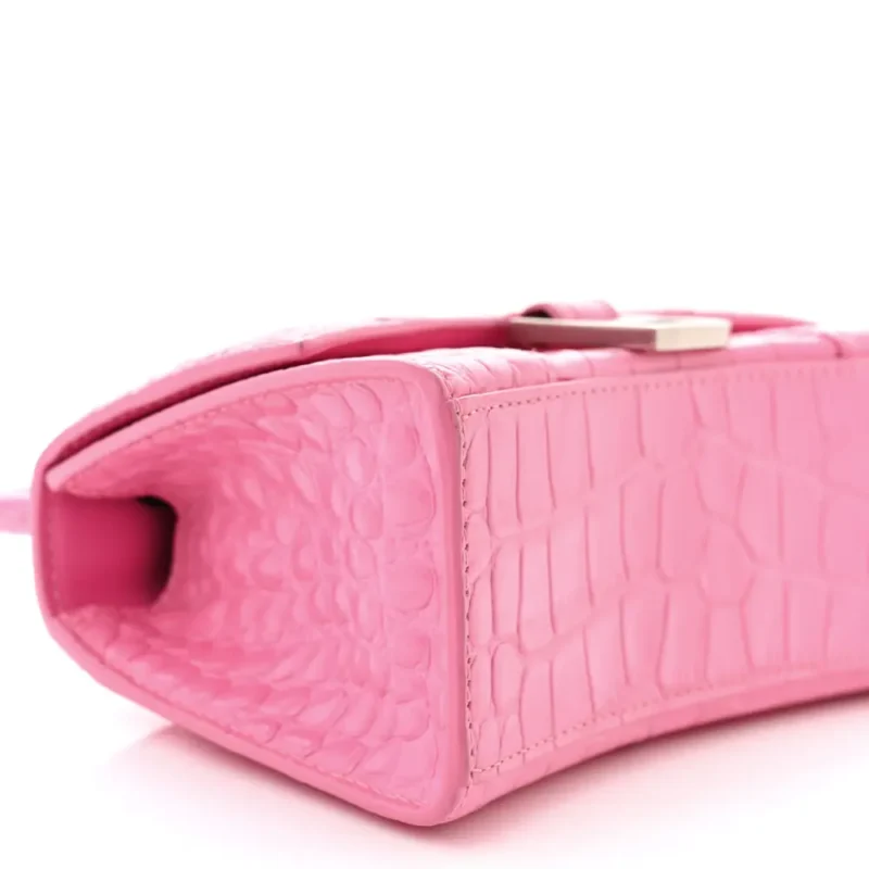 BALENCIAGA XS HOURGLASS TOP HANDLE BAG BABY PINK CROCODILE EMBOSSED SHINY CALFSKIN LEATHER SILVER HARDWARE - Image 5