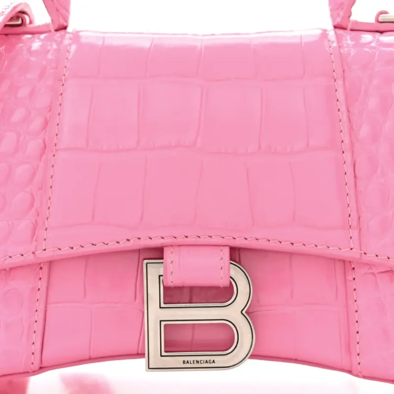 BALENCIAGA XS HOURGLASS TOP HANDLE BAG BABY PINK CROCODILE EMBOSSED SHINY CALFSKIN LEATHER SILVER HARDWARE - Image 8