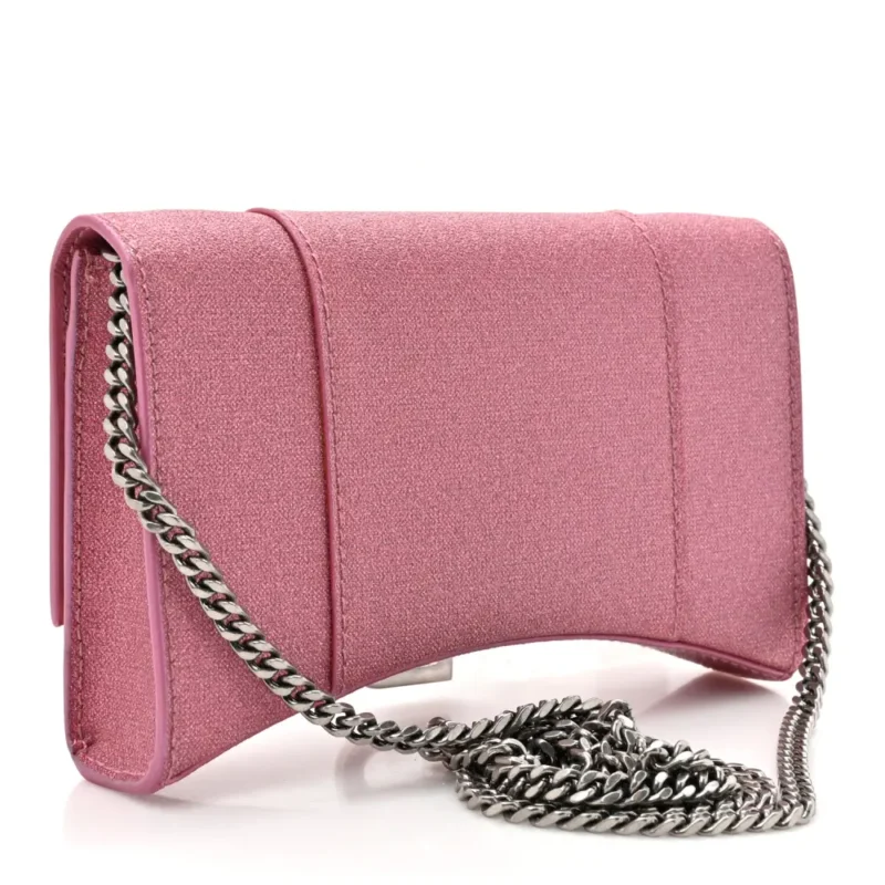 BALENCIAGA XS HOURGLASS WALLET ON CHAIN SWEET PINK SPARKLING FABRIC SILVER HARDWARE - Image 3