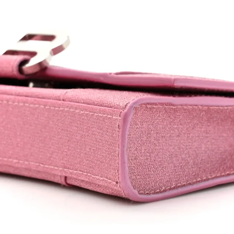 BALENCIAGA XS HOURGLASS WALLET ON CHAIN SWEET PINK SPARKLING FABRIC SILVER HARDWARE - Image 5