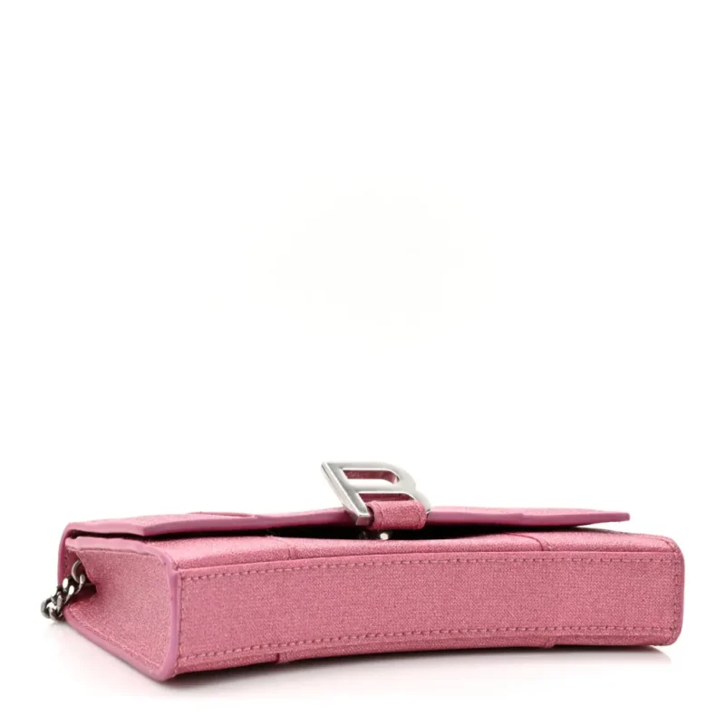 BALENCIAGA XS HOURGLASS WALLET ON CHAIN SWEET PINK SPARKLING FABRIC SILVER HARDWARE - Image 6